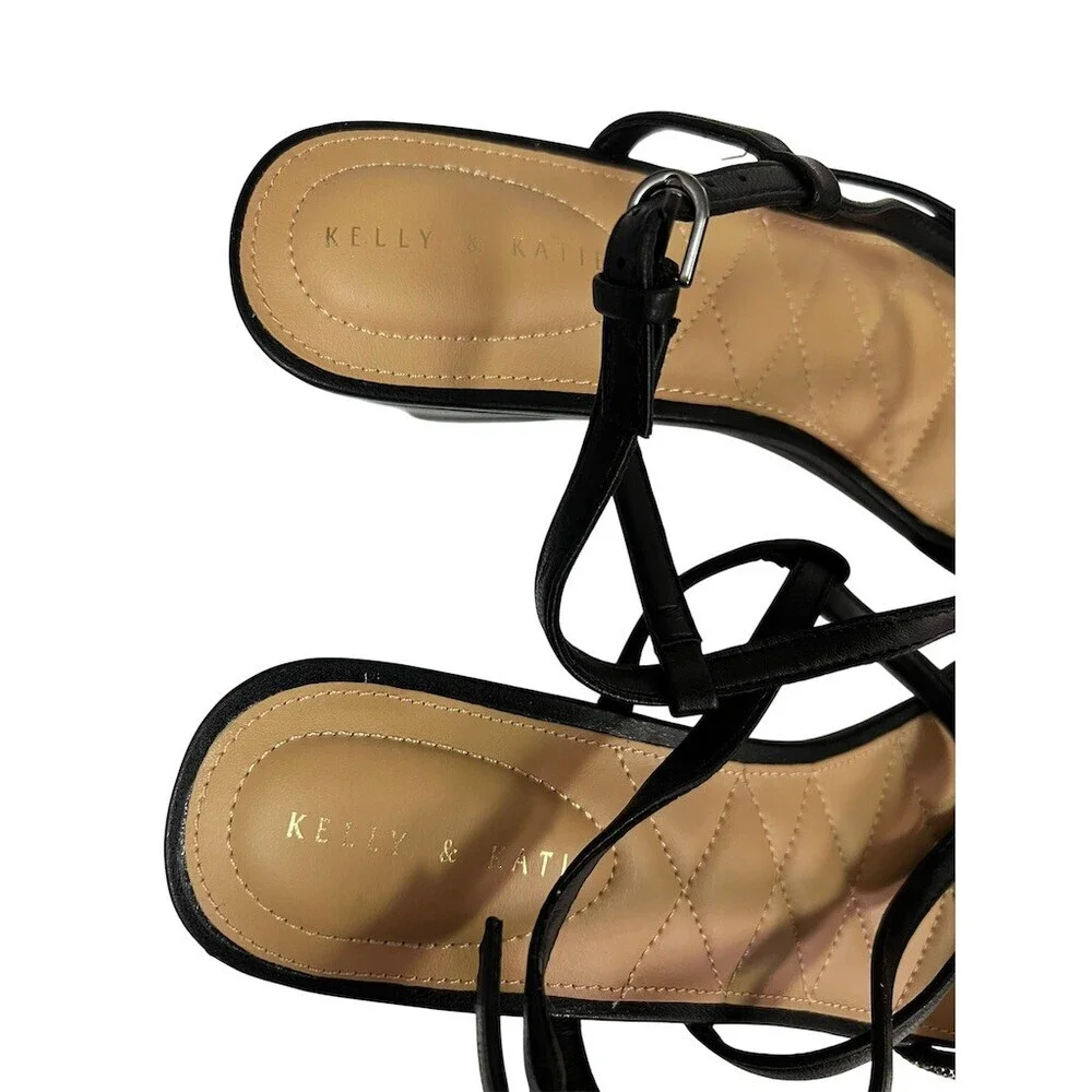 Kelly & Katie Wedge Sandals Womens 10W Wide Black Strappy Rhinestone 3